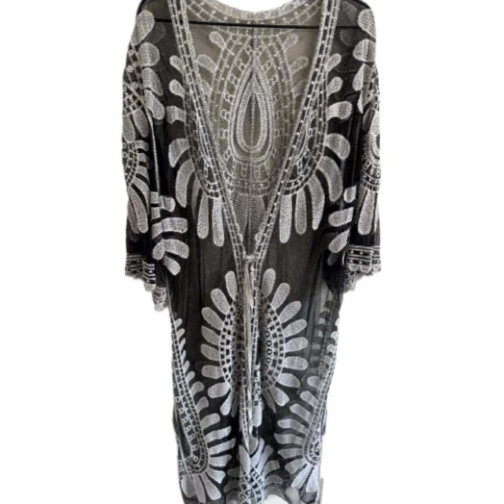 Boho Sheer Embroidered Kimono Cover Up Black White One Size